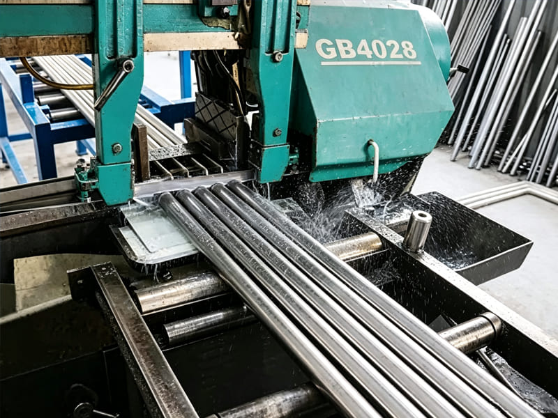 GB4028 band saw machine cutting multiple solid steel bars