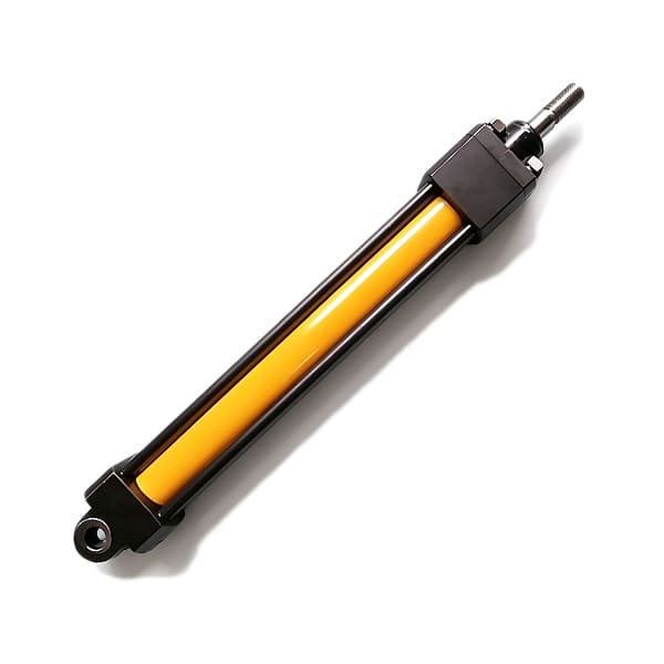Yellow heavy duty tie rod hydraulic cylinder, eye mounting ends, white background