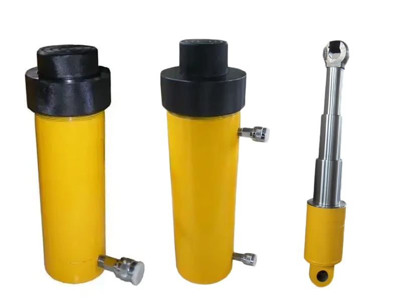 Yellow multi-stage hydraulic jack and telescopic hydraulic cylinder, white background
