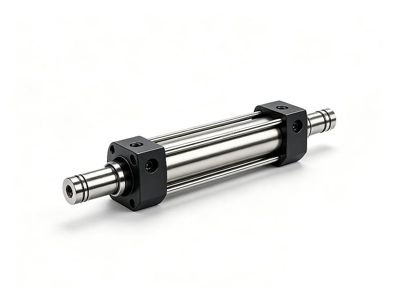 Full stainless steel tie rod hydraulic cylinder, double rod design, white background
