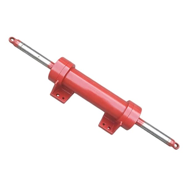 Red double acting double rod hydraulic cylinder with base mount