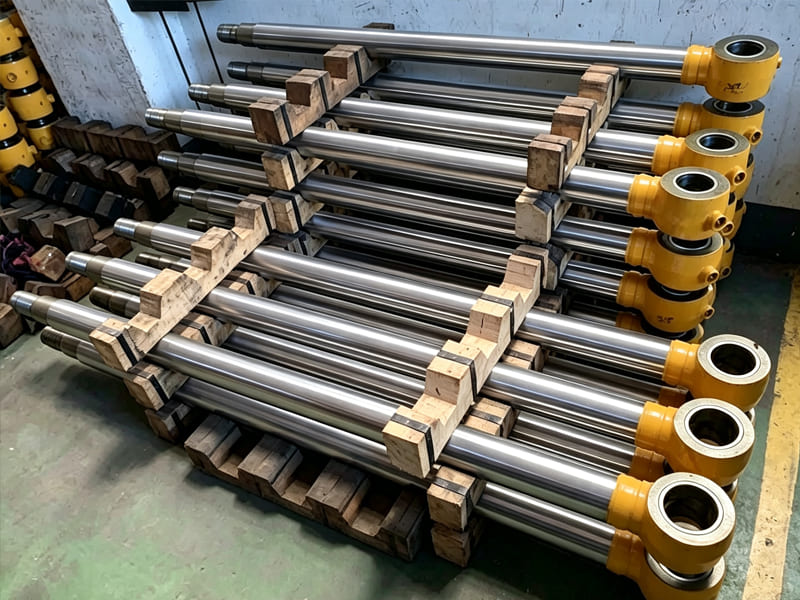 Close-up view of hydraulic cylinder assembly on yellow wheel loader arm