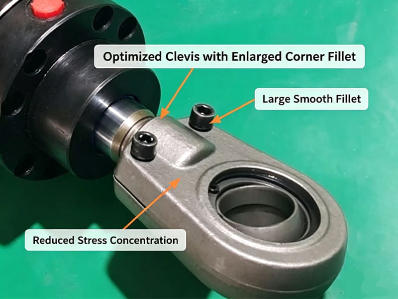 Hydraulic cylinder clevis with enlarged fillet to reduce stress concentration, marked diagram