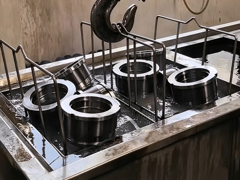 Hydraulic cylinder piston nuts and metal parts undergoing ultrasonic cleaning in workshop production line