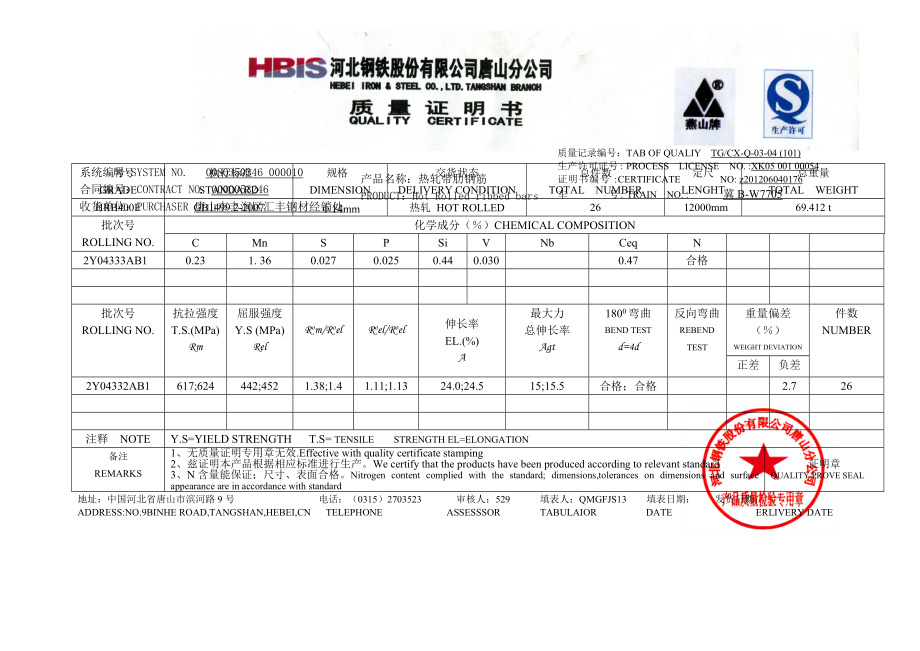 steel material certificate