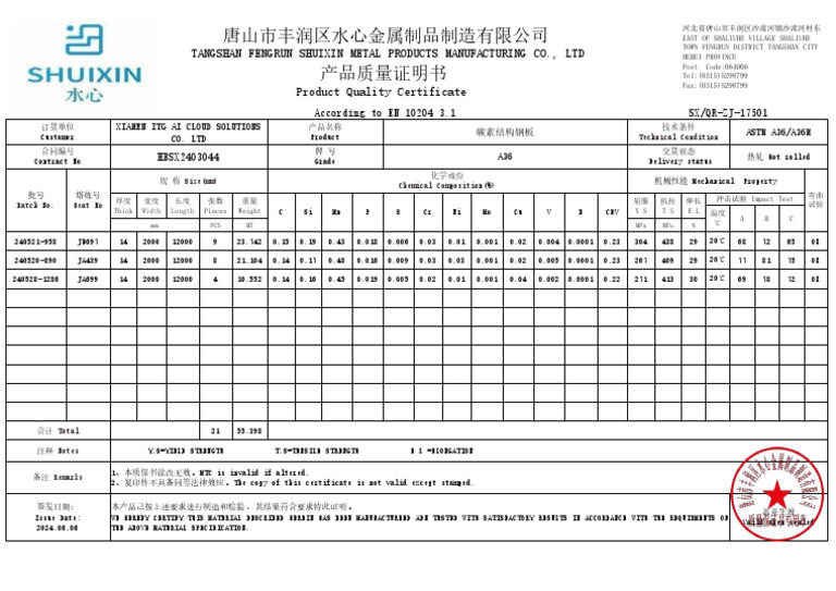 steel material certificate