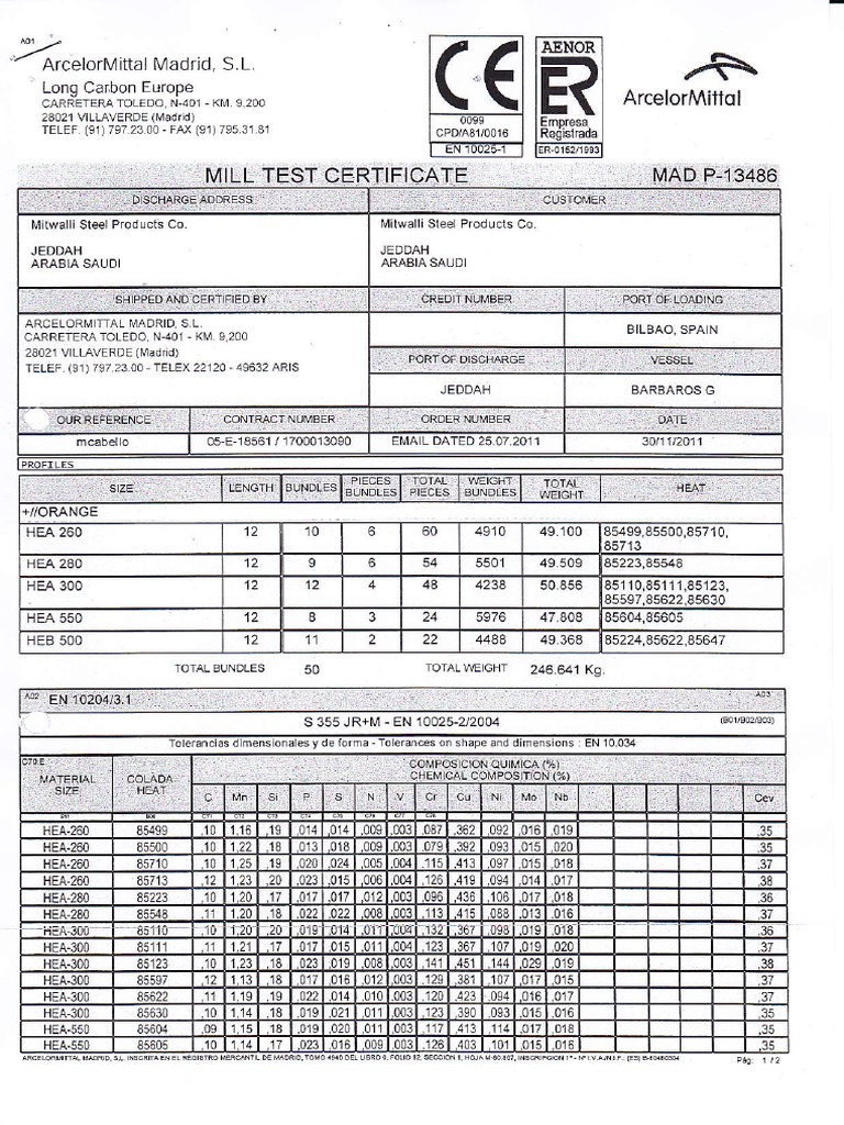 steel material certificate